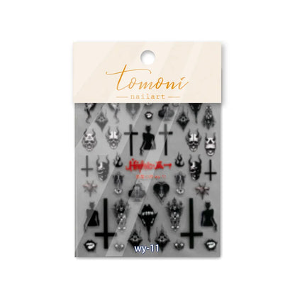 1 Sheet 5D Realistic Dark Series Demon Kiss Bloody Skull Tooth Eye Web Cross Adhesive Nail Art Stickers Decals Manicure Charms