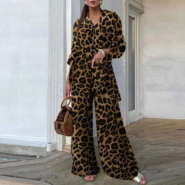 Zanzea vintage 2 pçs conjuntos de calças 2024 verão moda feminina leopardo impresso casual solto topos e calças outfits perna larga conjuntos