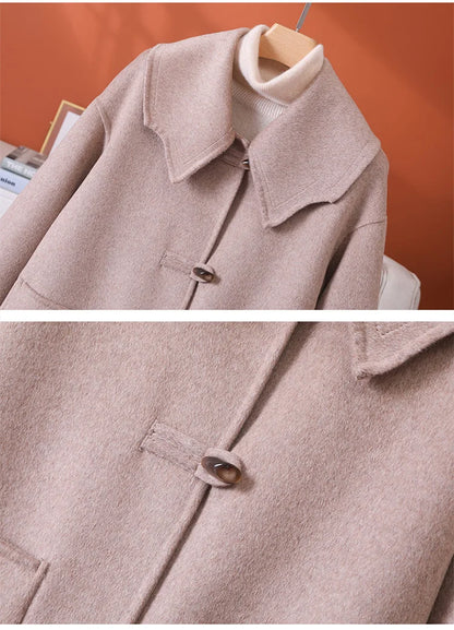 2025 Fashion Large Lapel Horn Button Women's Coat Autumn and Winter New Double-Sided Woolen 100%Pure Wool Warm Coat Large Pocket