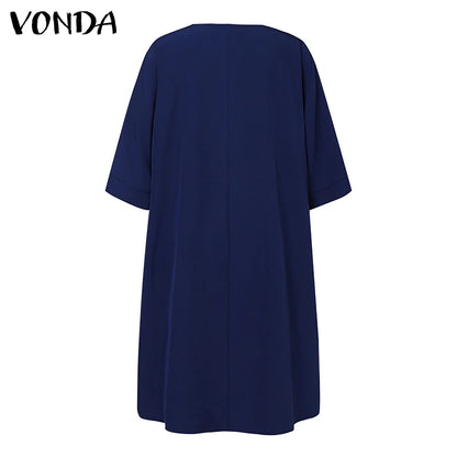 Plus Size 5XL Women Dress 2024 VONDA Summer V Neck Party Sundress Sexy Half Sleeve Bohemian Printed Dress Vestidos Loose Robe