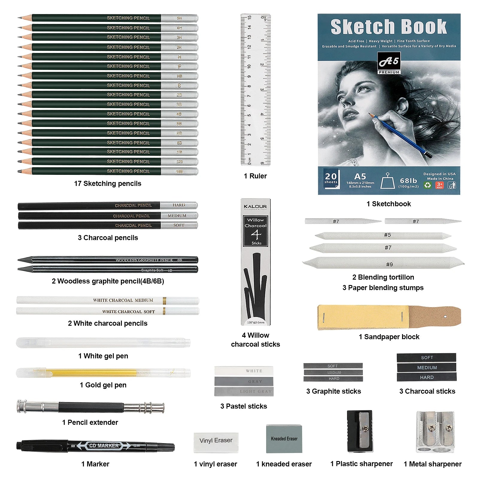 20/54/58/70/144 Drawing And Sketching Kit | Portable Travel Case | Graphite, Charcoal, White Color | Featuring Blending Stump
