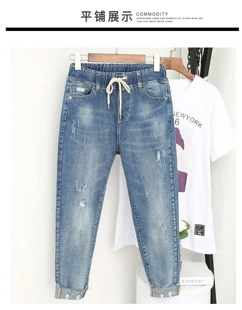 XL-6XL Plus Size jeans for Women Mom Jeans Woman Elastic High Waist Blue BaggyJeans Denim Ripped Jeans Female Harem Pants