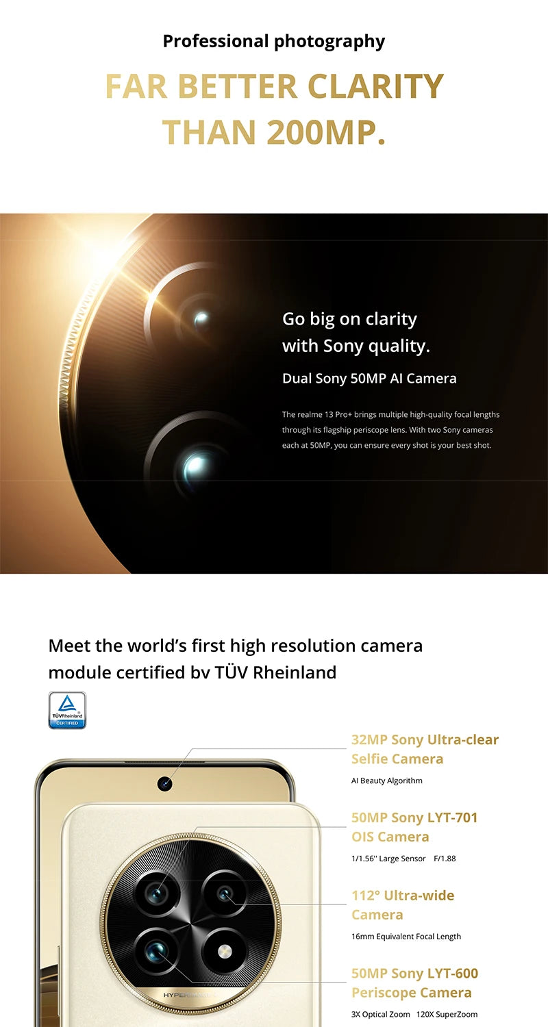 Versión global del teléfono inteligente realme 13 Pro Plus 5G con Snapdragon 7s Gen 2, pantalla Curved Vision de 120 Hz, carga SUPERVOOC de 80 W, imágenes de IA