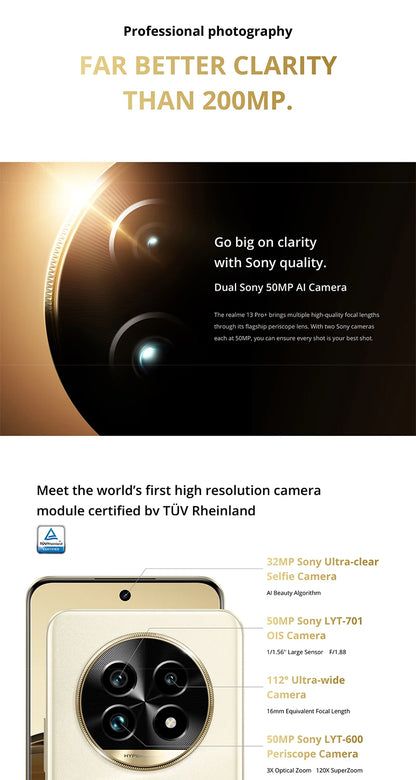 Versión global del teléfono inteligente realme 13 Pro Plus 5G con Snapdragon 7s Gen 2, pantalla Curved Vision de 120 Hz, carga SUPERVOOC de 80 W, imágenes de IA