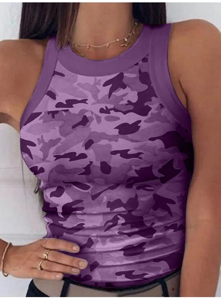 Women Casual Camo Round Neck Ribbed Tank Top Summer Basic Elastic Camisole Sexy Sleeveless Crew Neck Vest Women's Clothing