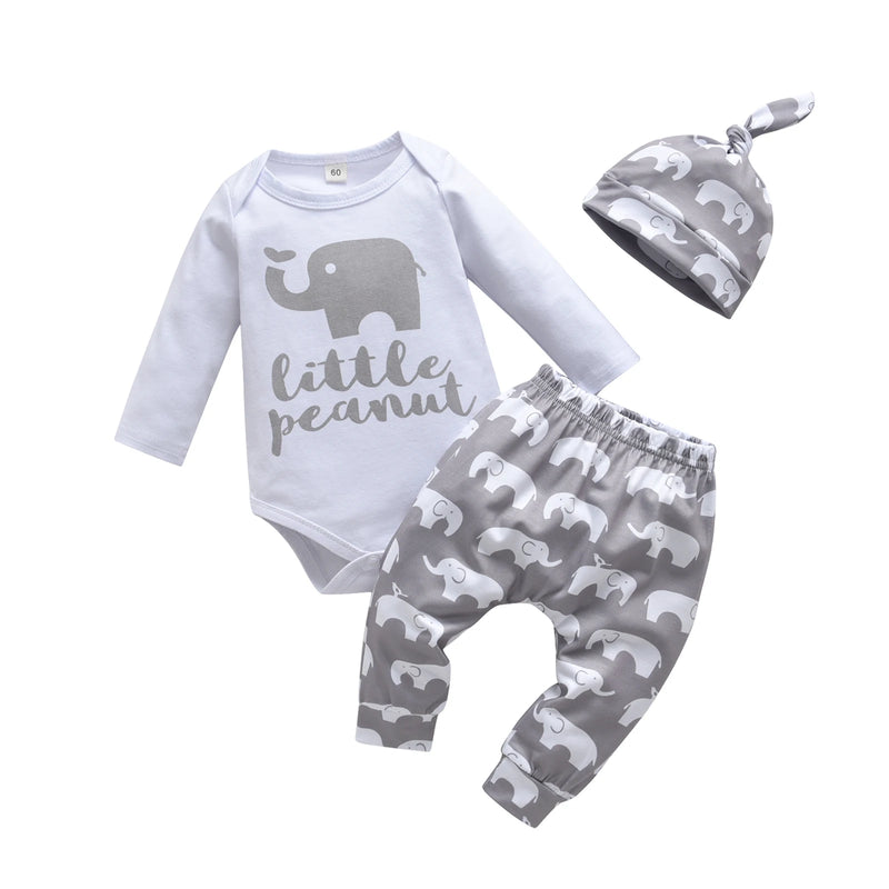 Newborn Baby Boy Baby Elephant Clothes Set Long Sleeve Romper Bodysuit Top and Pants with Hat Spring Autumn Cute Outfit for Boys