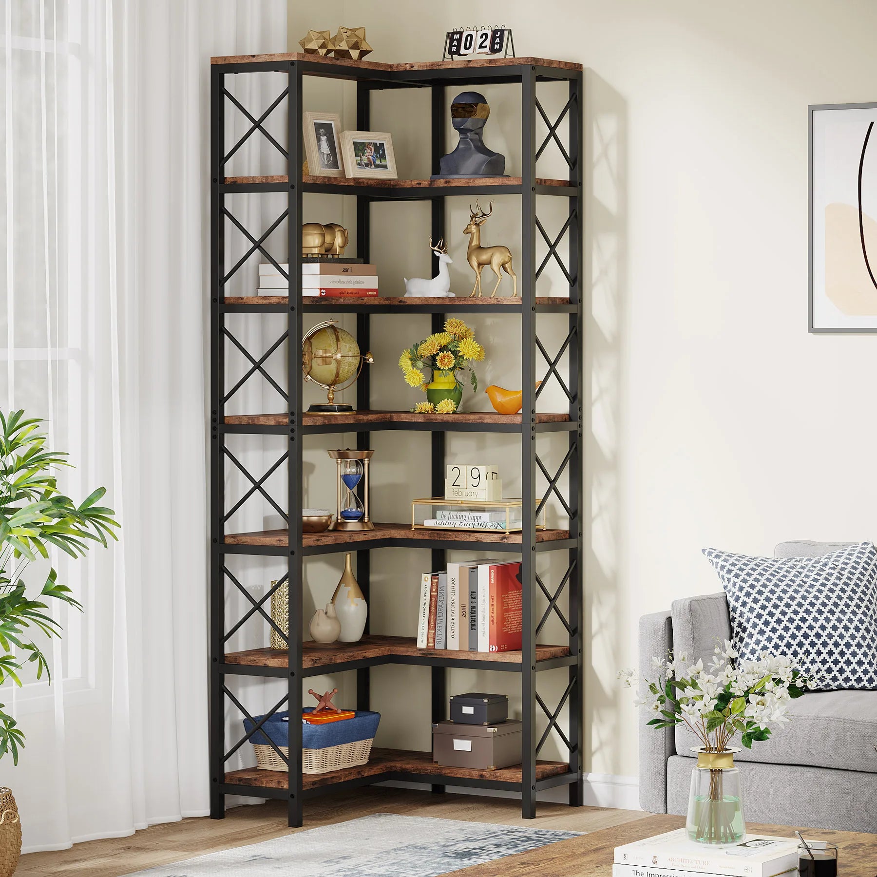 Tribesigns 7-Shelf Corner Bookshelf,Large Modern Corner Bookcase, 7-Tier Tall Corner Shelf Storage Display Rack with Metal Frame