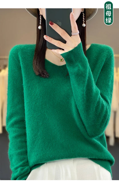 Suéter básico de otoño-invierno 2024 para mujer, 100 % lana merino, cuello en V, tejido de punto liso, jersey de oficina para mujer, manga larga, cachemir.