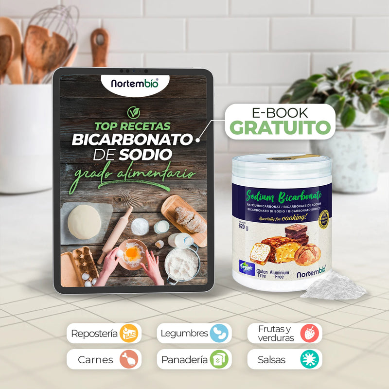 Nortembio 100% natural organic food baking soda 820g |   Cooking and pastry |   Suitable for vegans, celiacs and vegetarians |   E-book included |   Without aluminum