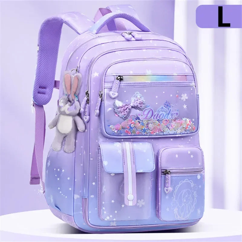 Primary Bow Knot Schoolbag With Rabbit Pendant For Girls Orthopaedics Kids Backpack Kawaii Waterproof School bag