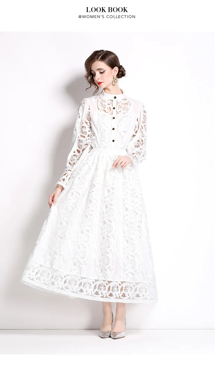 Autumn Crochet White Lace Embroidery 3 Pieces Sets Women Dress Suits Hollow Out Loose Shirt Top Elastic Waist Maxi Skirt Suit