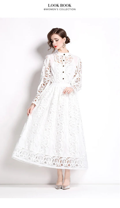 Autumn Crochet White Lace Embroidery 3 Pieces Sets Women Dress Suits Hollow Out Loose Shirt Top Elastic Waist Maxi Skirt Suit