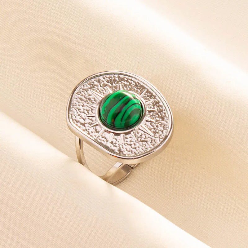 1pc Green Turquoise Ring Hippie Stainless Steel Silver Color Charm Opening Adjustable Ring Women Chunky Bohemian Party Jewelry