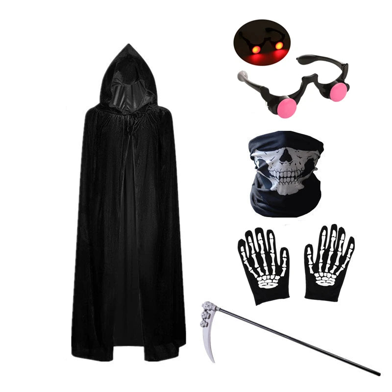 Fantasia de Halloween Assustadora de Ceifador para Meninos – Inclui Máscara com Olhos Vermelhos Luminosos e Luvas