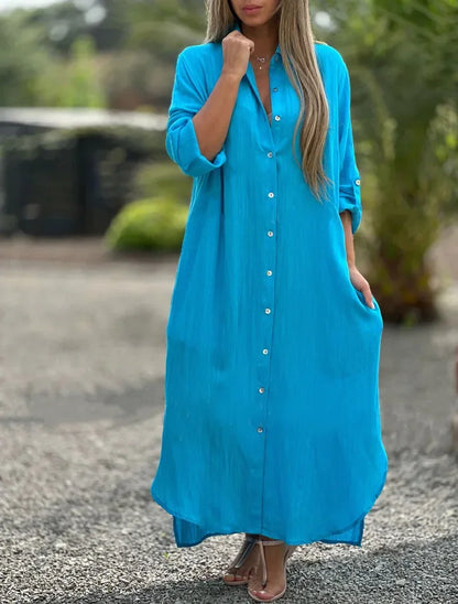 Vestido longo de algodão e cânhamo feminino, camisa elegante, manga longa casual, estilo praia, plus size, verão, novo