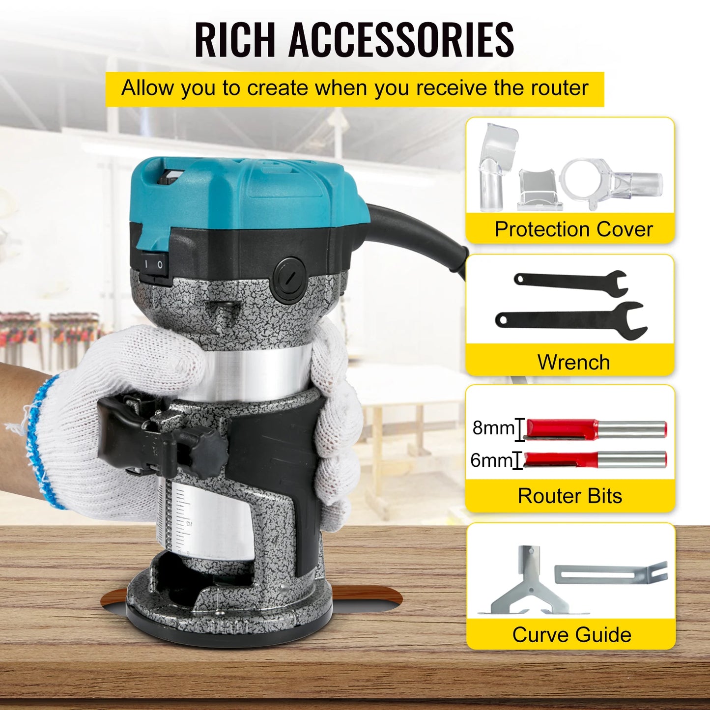 VEVOR Wood Router Machine Electric Trimmer 710W 33000RPM Power Carpentry Tool for Woodworking Trimming Grooving Carving Milling