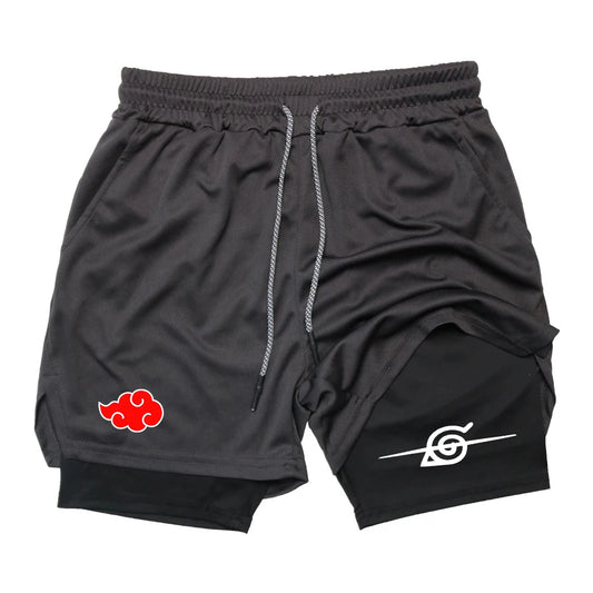 Men's Anime Double Layer Shorts Gym Workout Printed Sports Multi-Performance Training Quick-Drying Jogging Pants Towel Pants M-3XL