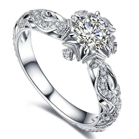 Anillo de moda súper brillante para mujer, exquisito anillo de boda con incrustaciones de piedras de flores redondas de color plata para mujer, joyería de compromiso.