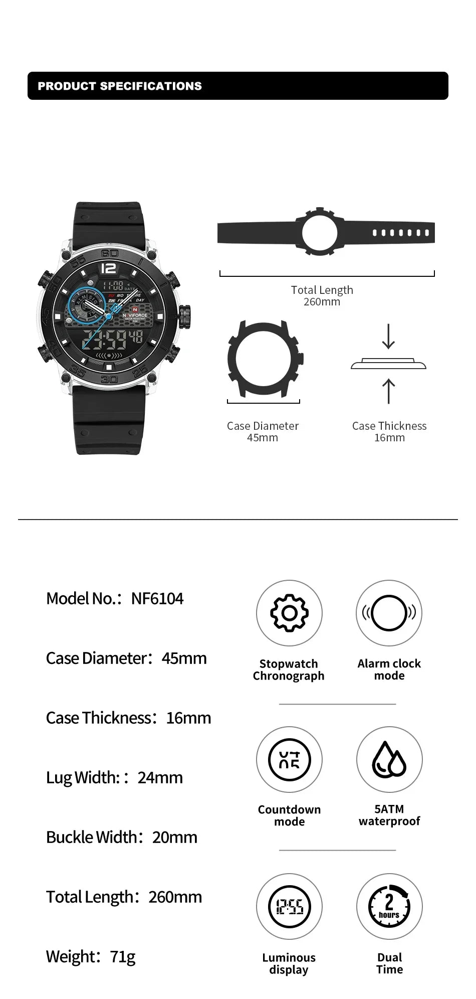 NAVIFORCE NF6104 Men's Lightweight Sports Wrist Watch Dual Display Time Night Light Watches Boy's Quartz Stopwatch