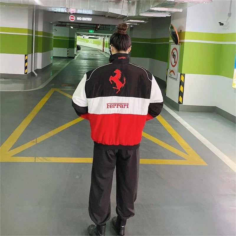 European American 2024 Spring Autumn New Cross Border Amazon F1 Rally Color Blocked Embroidered Long Sleeved Motorcycle Jacket