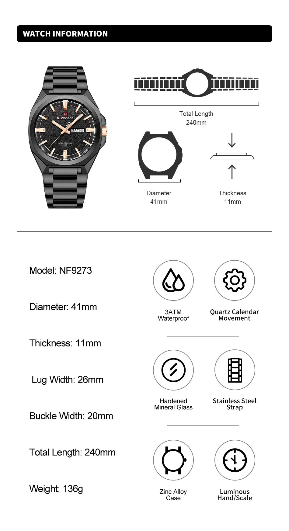 New Style NAVIFORCE Men's Wrist Watch 3ATM Waterproof Stainless Steel Band Luminous Pointer Display Luxury Boys Watches Gifts