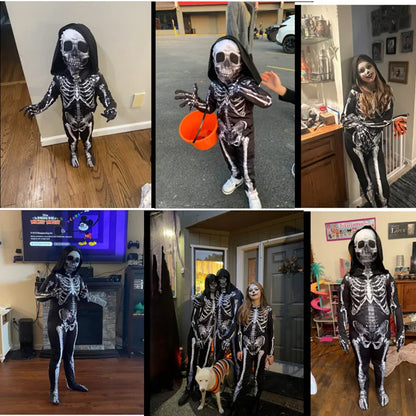 Scary Halloween Horror Kids Hooded Costume Scary Skeleton Grim Reaper Costume Boys Spooky Costume Mardi Gras Party Costume