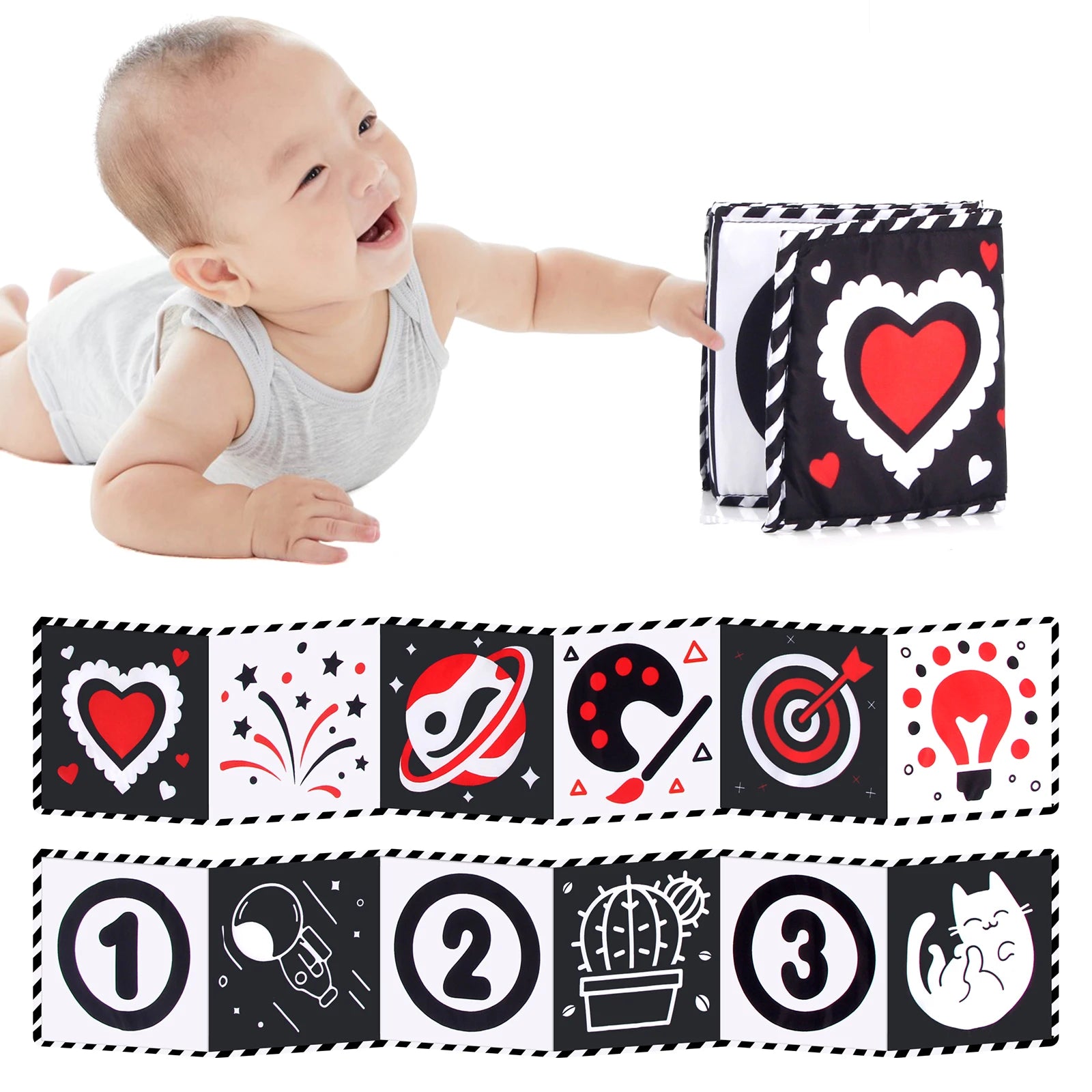 Livro de Pano de Alto Contraste para Bebês (0M+) – Brinquedos Sensoriais em Preto e Branco com Temática de Animais para Berço e Método Montessori