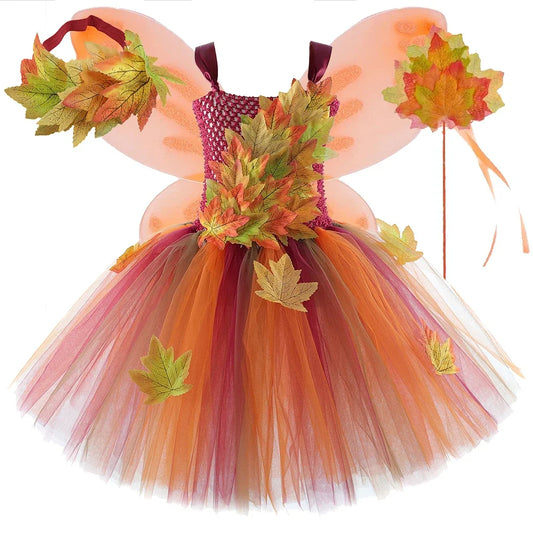 Fairy Costume for Girls Forest Woodland Autumn Fairy Tutu Dress Up Maple Leaves Halloween Thanksgiving Tulle Princess Dress 1-12T