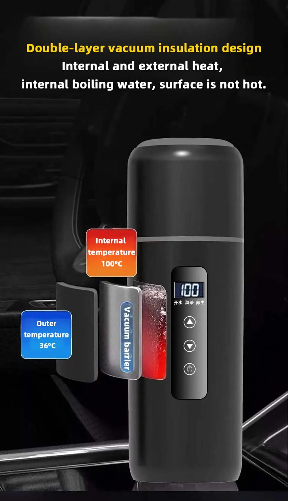 Hervidor eléctrico portátil para coche, 12 V, 24 V, 500 ml, para viaje, con aislamiento inteligente de acero inoxidable y pantalla OLED