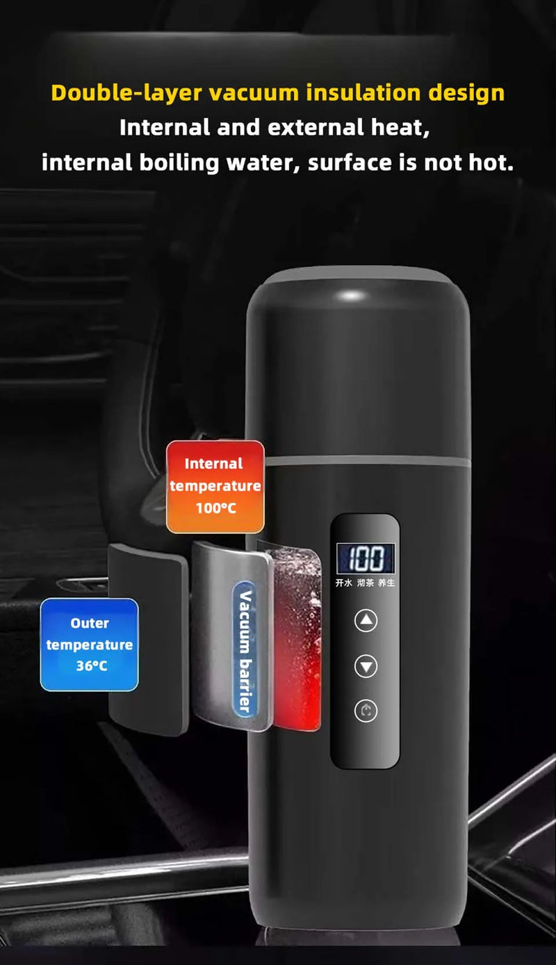 Electric kettle 12V 24V portable car heating cup 500 ml travel heating smart stainless steel insulation artifact OLED display
