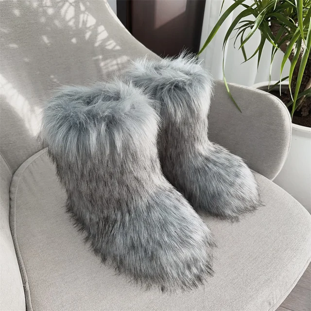 Botas de nieve de mapache para mujer, zapatos de media caña para exteriores, nuevas botas de invierno de una pieza 