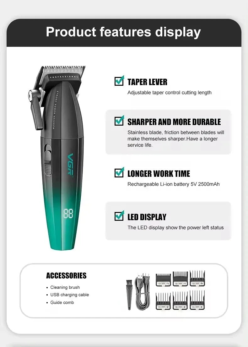VGR Hair Trimmer Professional Barber Cordless Clipper Electric Hair Cutting Machine Metal Hair Trimmer for Men V-003 V-906 V-308
