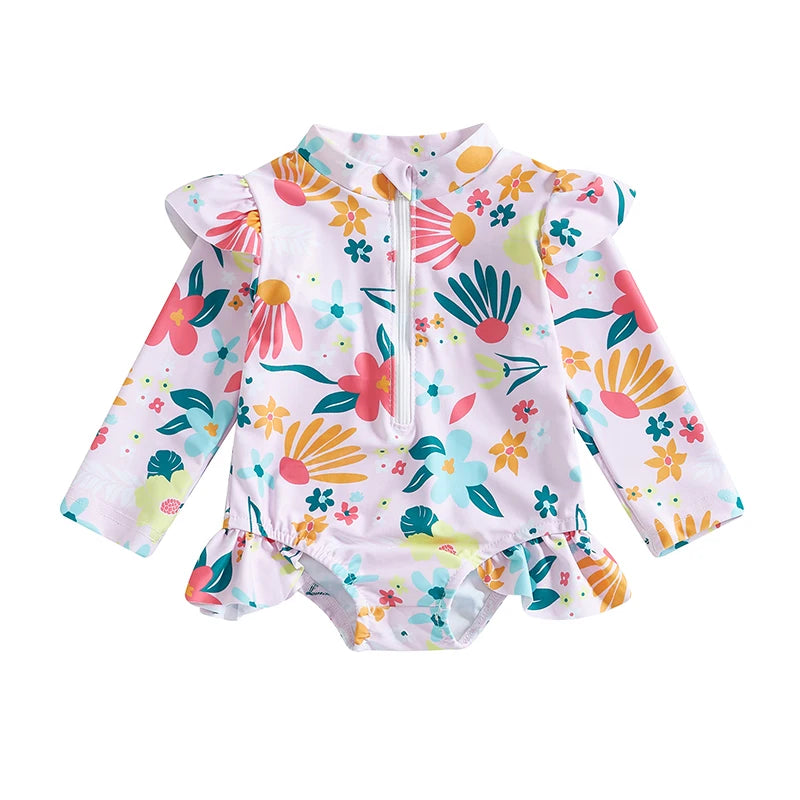 Traje de baño de verano para niñas pequeñas, estampado floral, sin espalda, con volantes, manga larga, ropa de playa para niñas de 0 a 4 años