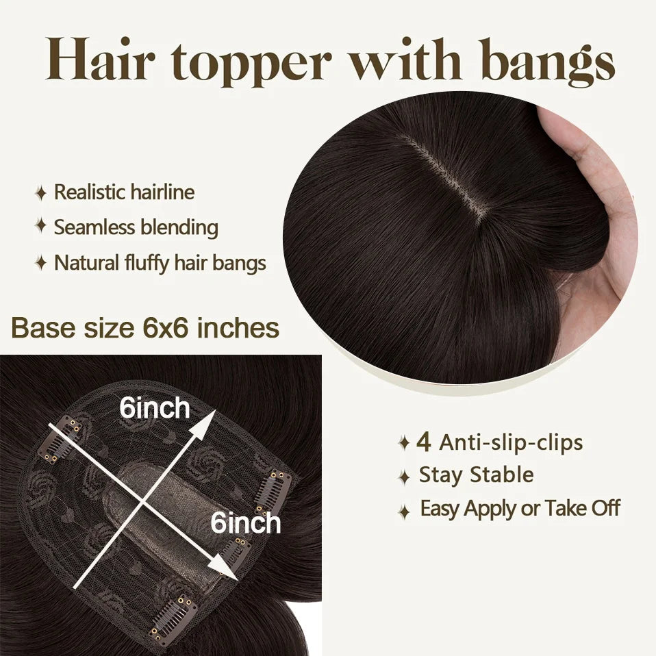 Benehair 14'' 18'' Hair Toppers with Bangs for Women Synthetic 6x6 Top Hairpieces Wigs Long Straight Clip in Hair Extension