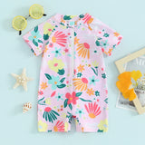 Traje de baño para niñas pequeñas, con protección contra erupciones, con cremallera, manga corta, estampado floral, para bebés