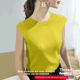Summer Ice Silk Loose Fashionable Simple Pure Color round Neck Fly Sleeve T Shirt Women Short Sleeve Simple Style Crew Neck