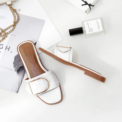 Women's Flat Slippers Summer Leather Square Toe Women Flats Flip Flops Designer Ladies Slides Sandals Women Shoes Luxury Sandals