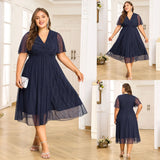 Plus Size Women's V-Neck Solid Dresses Elegant Evening Party Dress Prom Female Large Size Bridesmaid Dresses 2XL 3XL 4XL 5XL 6XL