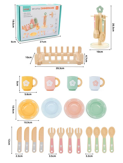 Juego de cocina de madera Montessori con platos y accesorios, ideal como regalo para niños pequeños a partir de 3 años.