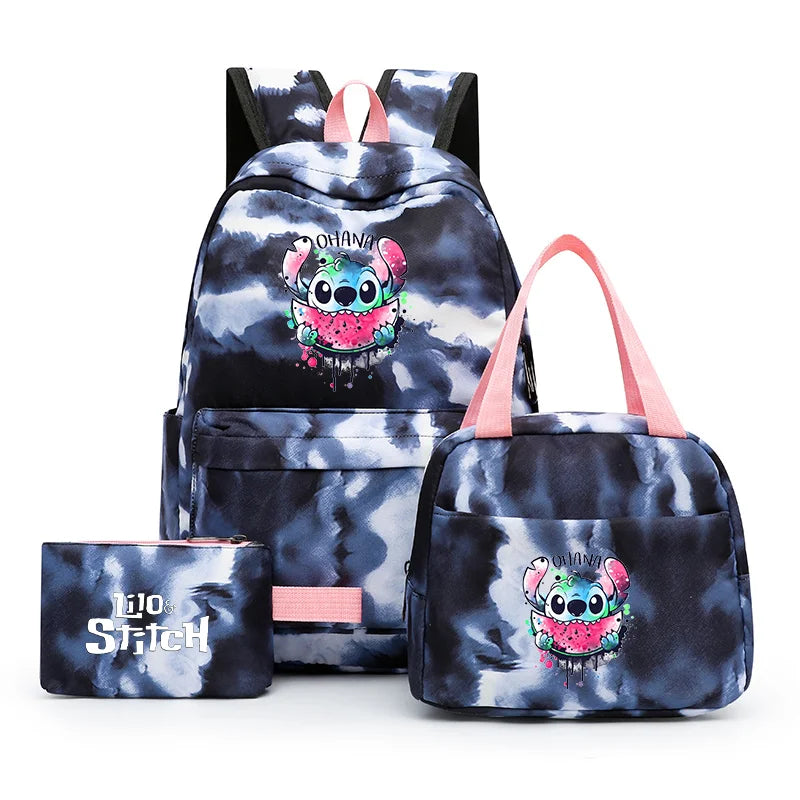 3pcs Disney Lilo Stitch Colorful Backpack with Lunch Bag for Women Student Teenagers Rucksack Casual School Bags Sets