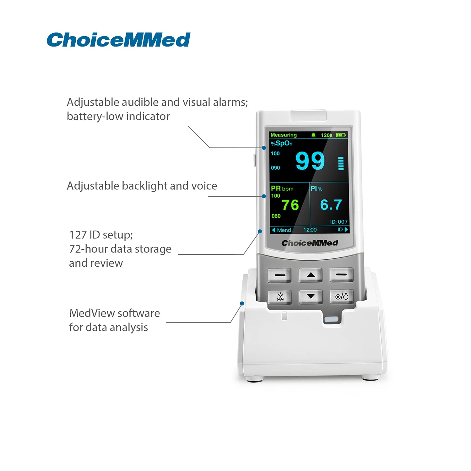 Oxímetro de pulso portátil recargable ChoiceMMed Medical, monitor de salud SPO2 PI PR para adultos, niños, bebés y recién nacidos.