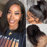 Glueless Kinky Straight Short Bob Virgin Human Hair Wig 13x4 Frontal HD Transparent Lace Peruvian Remy Soft Yaki Wear And Go Wig
