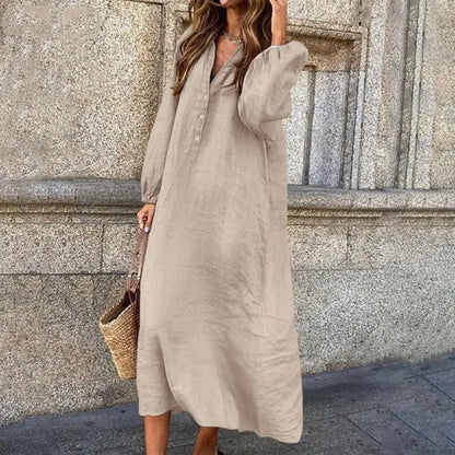 Vestido de algodão e cânhamo feminino, robe de manga comprida, decote em v, meio aberto, monocromático, casual, elegante, tamanhos grandes, moda verão, 2022