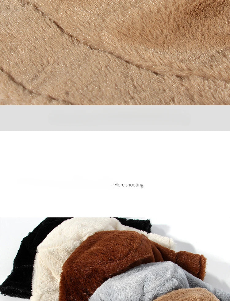 Winter Rabbit Plush Fisherman Hats for Women Girl Bucket Hat Windproof Leopard Soft Faux Fur Wide Brim Lady Women Artist Cap