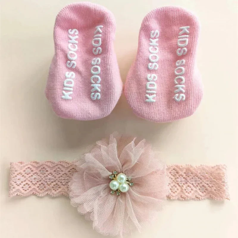 Lovely Pearl Bows Baby Headband Socks Set Non-Slip Cotton Sock Lace Flower Newborn Hair Band Turban Girl Hair Accessories