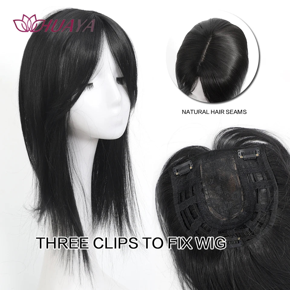 Aplique de cabelo Topper HUAYA volume e franja natural com 3 clipes cabelo liso sintético