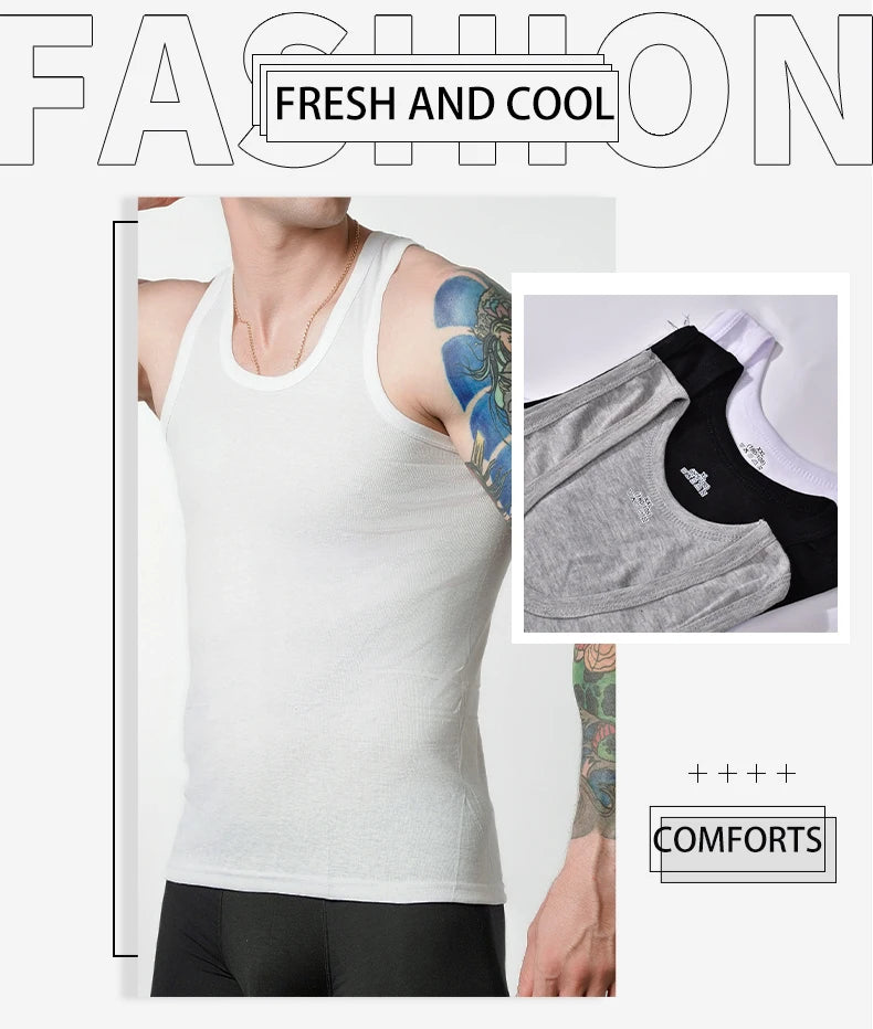 Four Seasons Men Pure Cotton Vest Youth Fit Sports Fitness Undershirts  Middle-aged Casual Sleeveless Tank Top A-Shirt Underwear