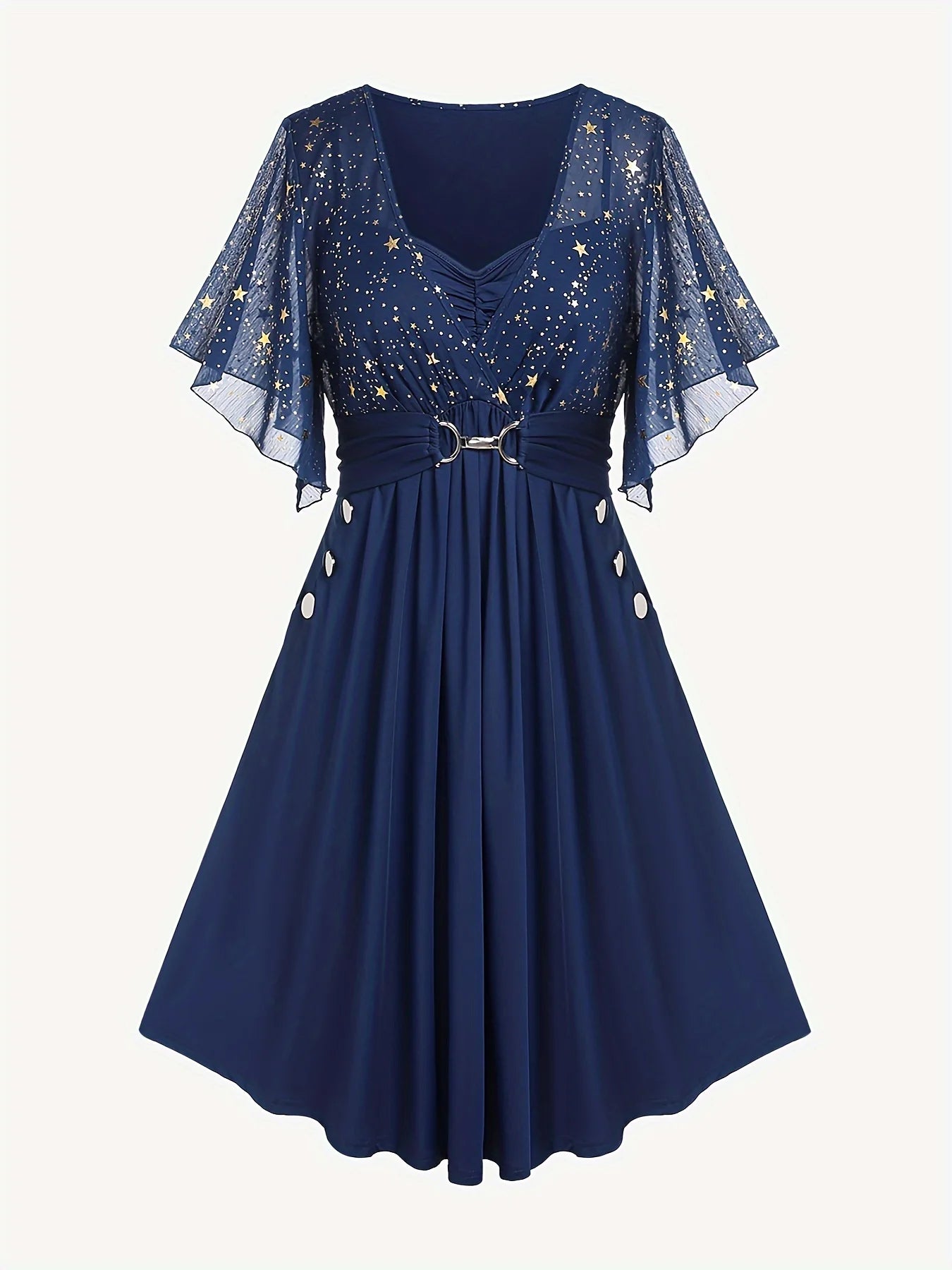 Moda feminina plus size explosões estrela impressão botão bolso pregas manga borboleta elegante temperamento vestido