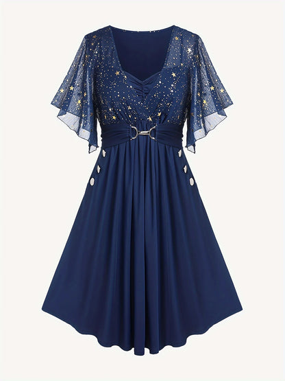 Moda feminina plus size explosões estrela impressão botão bolso pregas manga borboleta elegante temperamento vestido