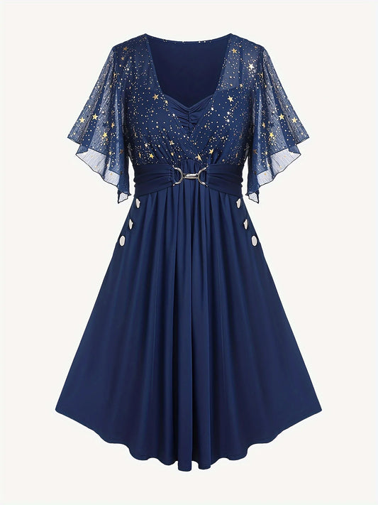 Vestido elegante de talla grande para mujer, con estampado de estrellas, botones, bolsillos, pliegues y mangas mariposa. 